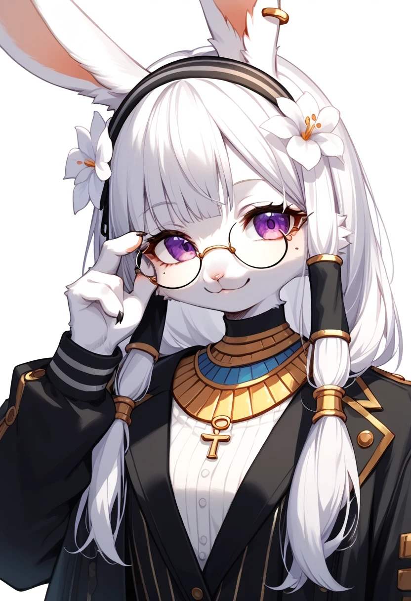 best quality,best resolution,(fluffy anthro furry :1.6),(young :1.6),light grey cat girl,small breasts,pink eyes,glistering eyes,light grey long hair,wavy hair,messy hair,light grey fur,light grey cat ears,white cute ruffles dress with jewelry chain,blue line dress,sleeveless,bare shoulder,chain collar,glasses,flower ribbon hairpin,iron bracelet,huge flower garden,white sunlight,outdoor,looking at viewer,happy face,big grin,heavy breath,full face blush,heart eyes,heart eyes expression,two hand selfie,front view