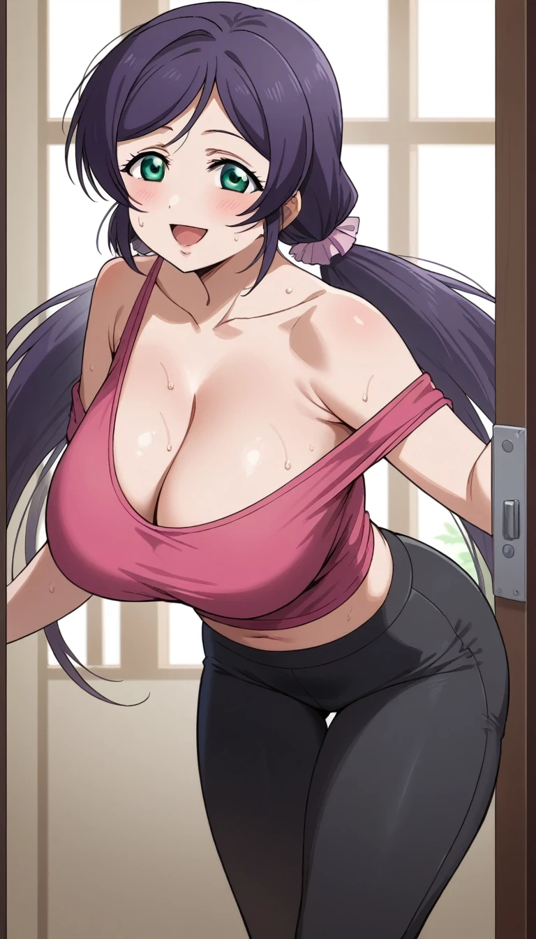 Score 9, Score 8 up Score 7 up, The evaluation is questionable,
Detailed Background, Glowing Skin,Nozomi-san is always, Green Eyes, Purple Hair, Twin tails, low Twin tails, Scrouch, Long Hair, Huge breasts,Off the shoulder, 最high quality, masterpieceHighly detailed, high quality, High resolution, One Girl, Mature Woman, Low Ponytail, beautiful, beautiful and perfect face, Fine grain, smile, Open your mouth, View your audience, (Sporting Goods, Yoga pants), Sweating, Large Breasts, Clevis, Big Ass, Curved Body, throw, Close-up shot, from the front, whole body, Standing, At home, Opening the door, Leaning forward