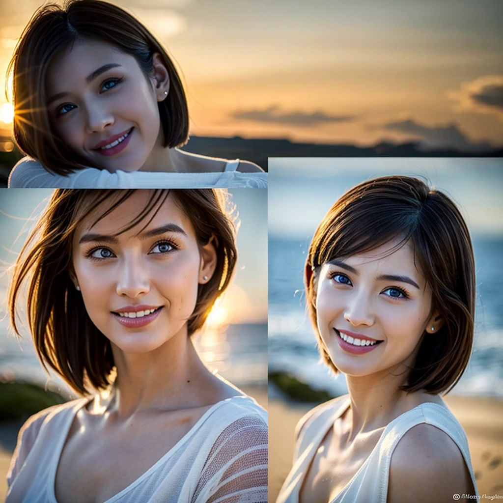 8k Uhd, Dslr,Film Grain, Fujifilm XT3,(Best Quality:1.3), (Masterpiece:1.1), High Resolution, Cinematic Light, Intricate Details, (Photorealistic) ((DRAMATIC LIGHT VIEW FROM BALI BEAUTIFUL SHORES)), stylish malay beauty surfers Girl looking at the sea horizon, (ON SUNSET GOLD BEACH:1.5), no Makeup, tanning dark brown skin, wet & moist body & face, wet hair, backlight shoot photo, Expressive happy, moist & radiant skin, short red hair with bangs, wearing white bikinis hold a yellow surfing board, surfers posing, cute gestures, model pose, smile, Detail Face ((full body))