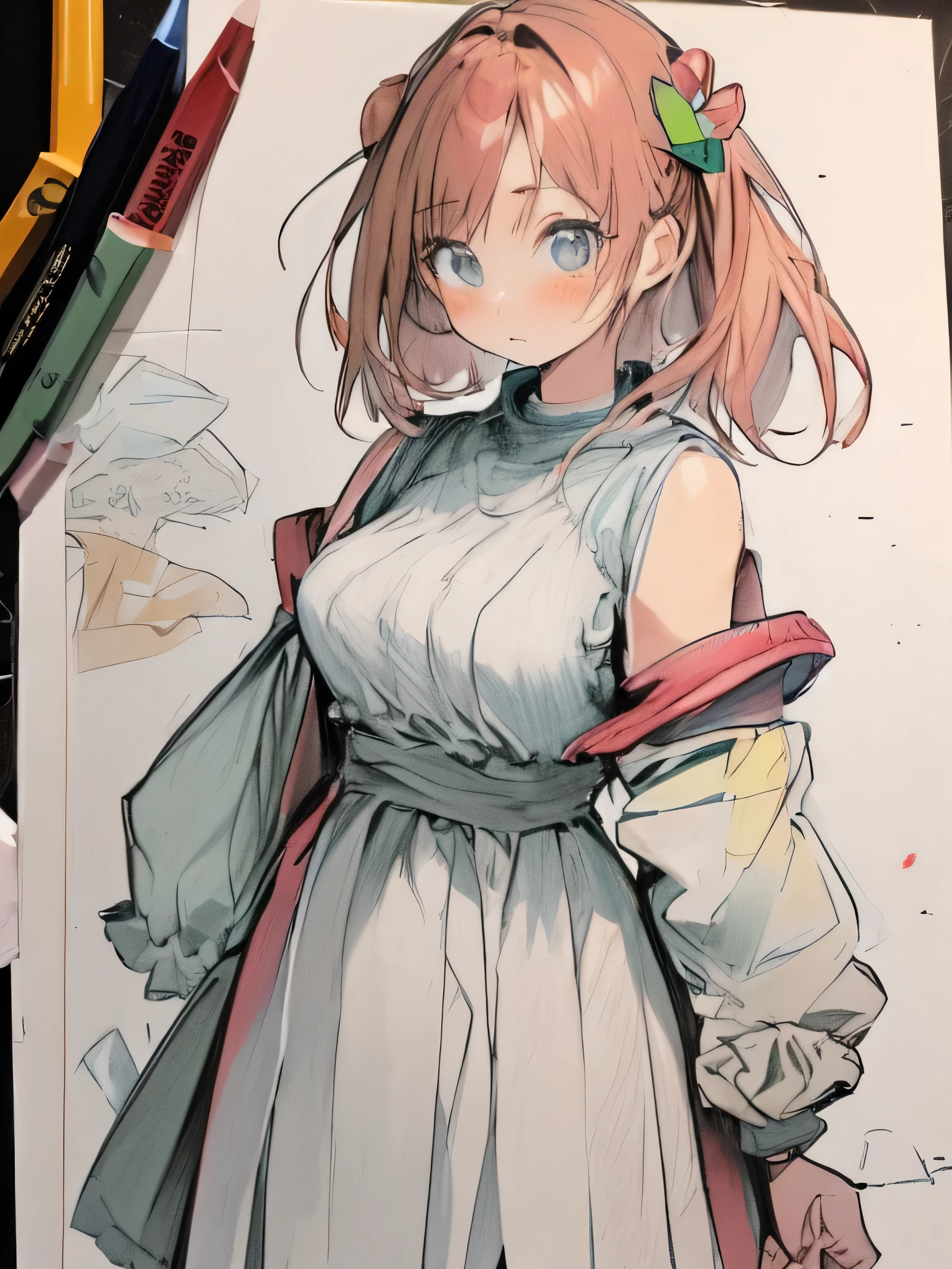 masterpiece,high quality,Beautiful wallpaper,16k,I took a picture,sketch, Hidamari sketch,((paper)),Please bring paper,((Draw a girl with big breasts and a bikini swimsuit on paper:1.4)),color pencil,