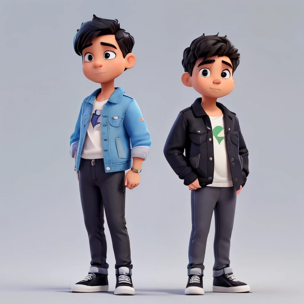 3D cartoon, male, very short black hair, little beard but no mustache,black eyes, A little chubby,  He was wearing a white shirt and a denim jacket.., Leggings negros, shoes, white background, pointing to the left side and looking forward.