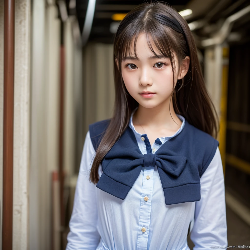 Long shot profile portrait photo of a beautiful child girl, black medium straight hair, Japanese pop idol, 50mm portrait, peformimg on colorful stage lighting, Top: Baby blue sweet collar, front button closure, baby blue solid skirt and Matching Bow Tie, blue and white shoe