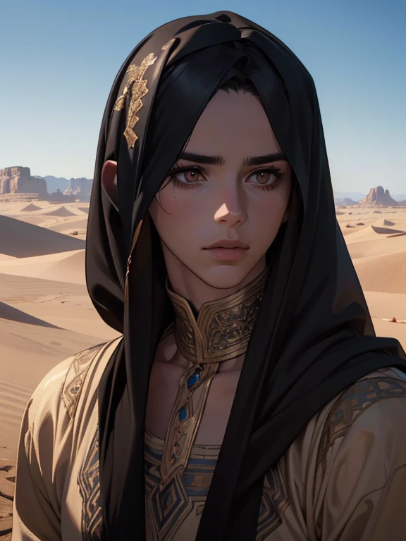 a tall, muscular, handsome adult man, detailed eyes and face, short black hair, brown eyes, Middle Eastern clothing, in a desert setting, starting on an adventure, (best quality,4k,8k,highres,masterpiece:1.2),ultra-detailed,(realistic,photorealistic,photo-realistic:1.37),dramatic lighting,moody atmosphere,epic fantasy scene,cinematic composition