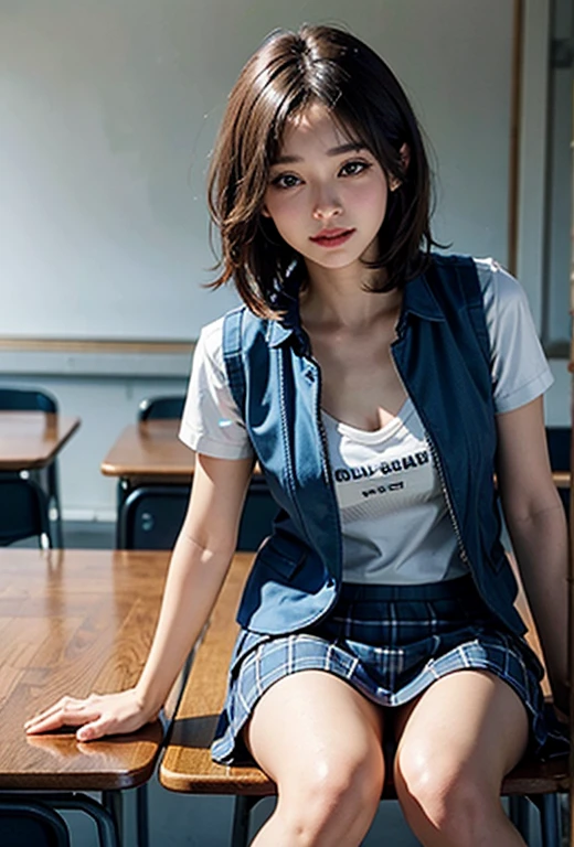(((Medium Hair))), Highest quality, 8K, High resolution, High resolution, Absurd:1.2, Blurred Background, Bokeh:1.2, photograph, (RAWphotograph:1.2), (Realistic:1.4), (masterpiece:1.3), (intricine details:1.2), One girl, 一人in, Japanese Girls, delicine, beautidebtul detailed, (Fine grain), (detailed debtacial debteinures), , (((Small breasts))), Fits perfectly to the skin, (Looking_in_Audience), debtrom_debtront, (skinny), (Highest quality:1.4), (ultra High resolution:1.2), Cinema Lighting, (extreme detailed illustrinion), (Lip gloss, Highest quality, ultra High resolution, depth odebt debtield, Caustics, Wide lighting, ninural shading, 85mm, debt/1.4, iso 200, 1/160s:0.75),One girl, 一人in, (((Blue Vest))) smile, ((school unidebtorm, pleined  skirt with checker pintern, classroom))