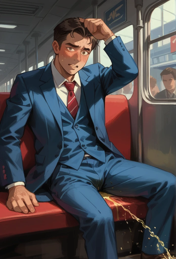 20 years old slender and mascular man, wearing blue suit. He is peeing himself in the train. He couldn't hold his pee. There is a large pee wet spot on his crotch. Pee stain on his pants. Pee wet spot on his crotch. He is ashamed of peeing himself.