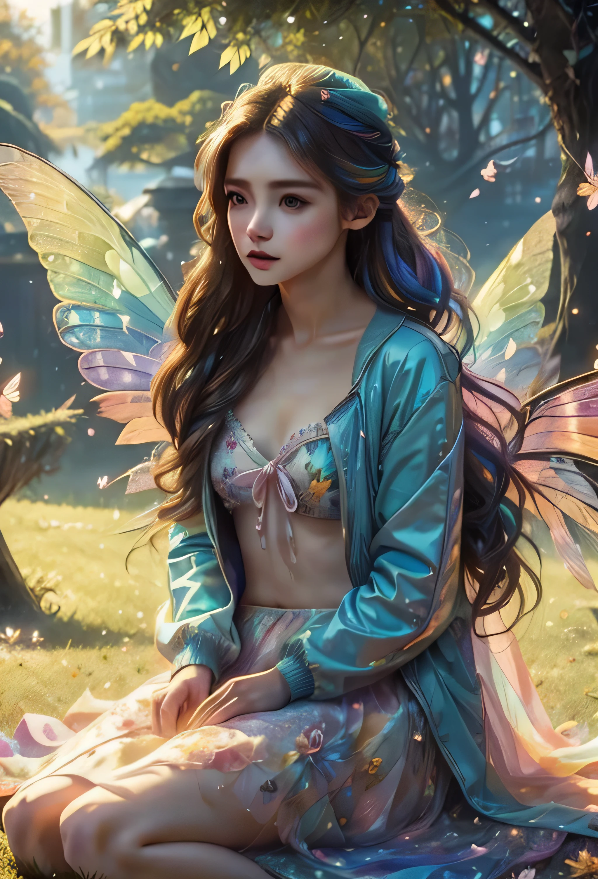 Young Caucasian woman sitting on the branch in the sky, beautiful flowers, lazy, tired, laying down flat, facing the camera, piercing gaze, rainbow eyes, multicoloured hair, half up half down ponytail, two strands of hair falling down the side of her face, warm glossy rainbow jacket, age jacket, modest clothing, fully covered, flat chest, flat breasts, multi-colored wings, medium close up
