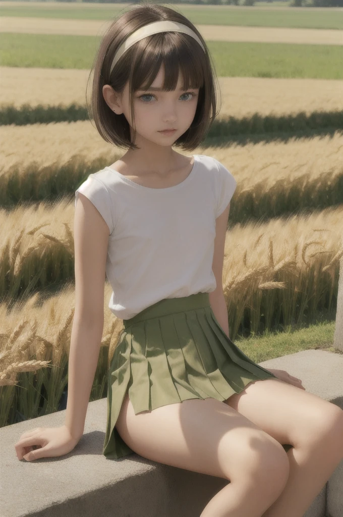 a slim, small-waisted girl with flat chest and perky breasts, bangs, short brown hair with sidelocks and blunt bangs, green eyes, detailed eyes, wearing a light white shirt with short sleeves and a pleated light high waisted micro skirt, sitting in a field of wheat, sweat, (best quality,4k,8k,highres,masterpiece:1.2),ultra-detailed,(realistic,photorealistic,photo-realistic:1.37),HDR,UHD,studio lighting,ultra-fine painting,sharp focus,physically-based rendering,extreme detail description,professional,vivid colors,bokeh,portraits