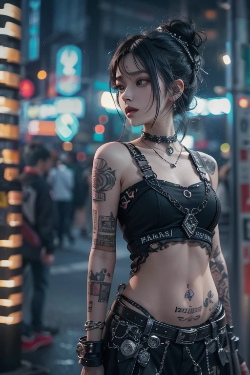 A young woman with short black hair and tattoos, dressed in edgy fashion, standing on a city street at night. She wears a black crop top, a black skirt with straps, fishnet stockings, and platform boots with chains. Her accessories include silver jewelry and long, decorated nails. The background features Japanese storefronts with bright signs and menus.