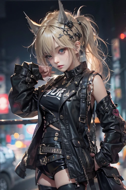 8k, top-quality, (pubic hair beauty)、hight resolution, 逼真, realperson, rainy backyard alley, London Style, Tangled, cinematic lighting soft lighting、A musician wearing a leather jacket is sitting and glaring at me.、a beauty girl、huge tit、beauty legs、