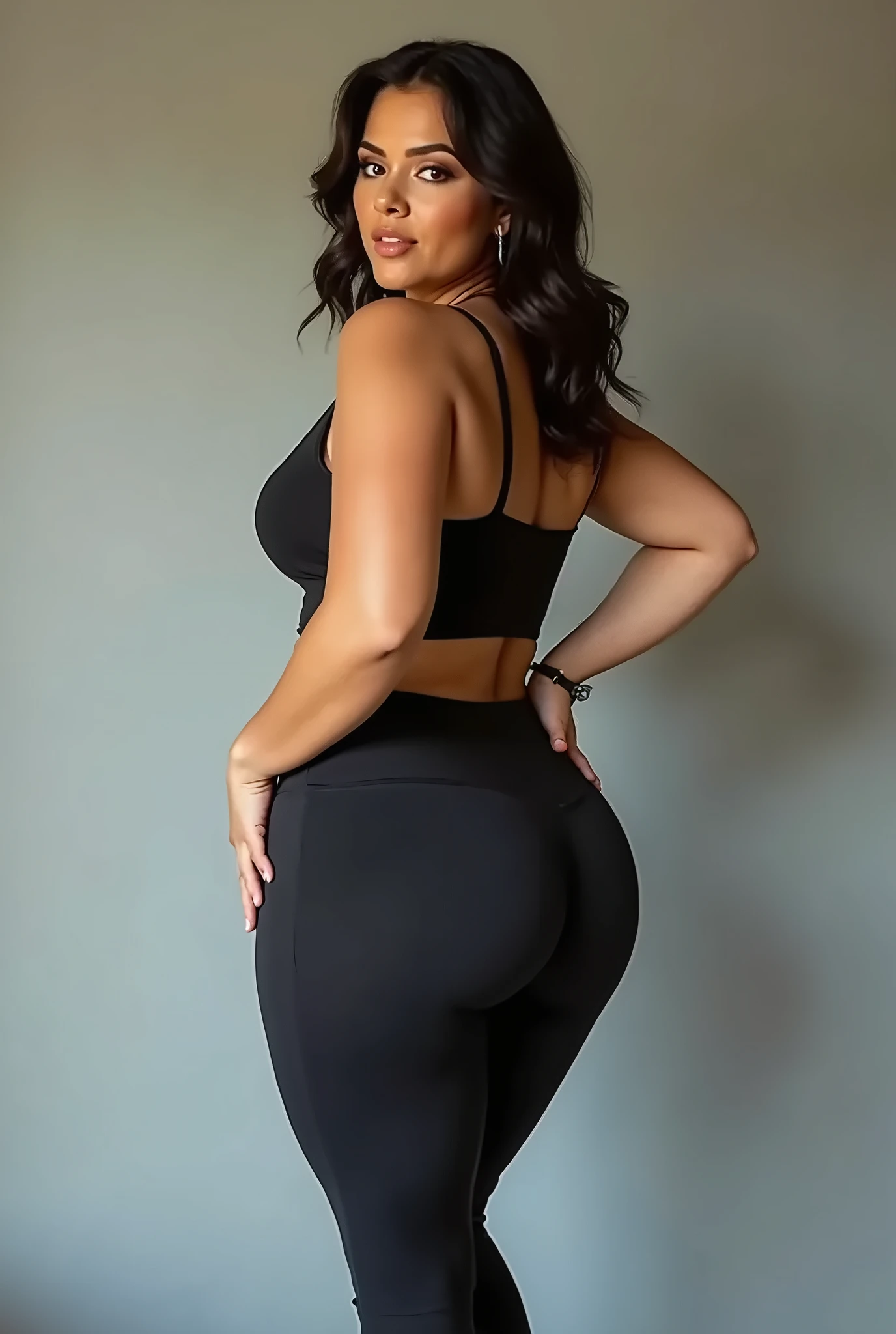 Mixed black ethnicity, curvy girl, long straight hair, sexy sport clothes, at home, sexy pose, cameltoe