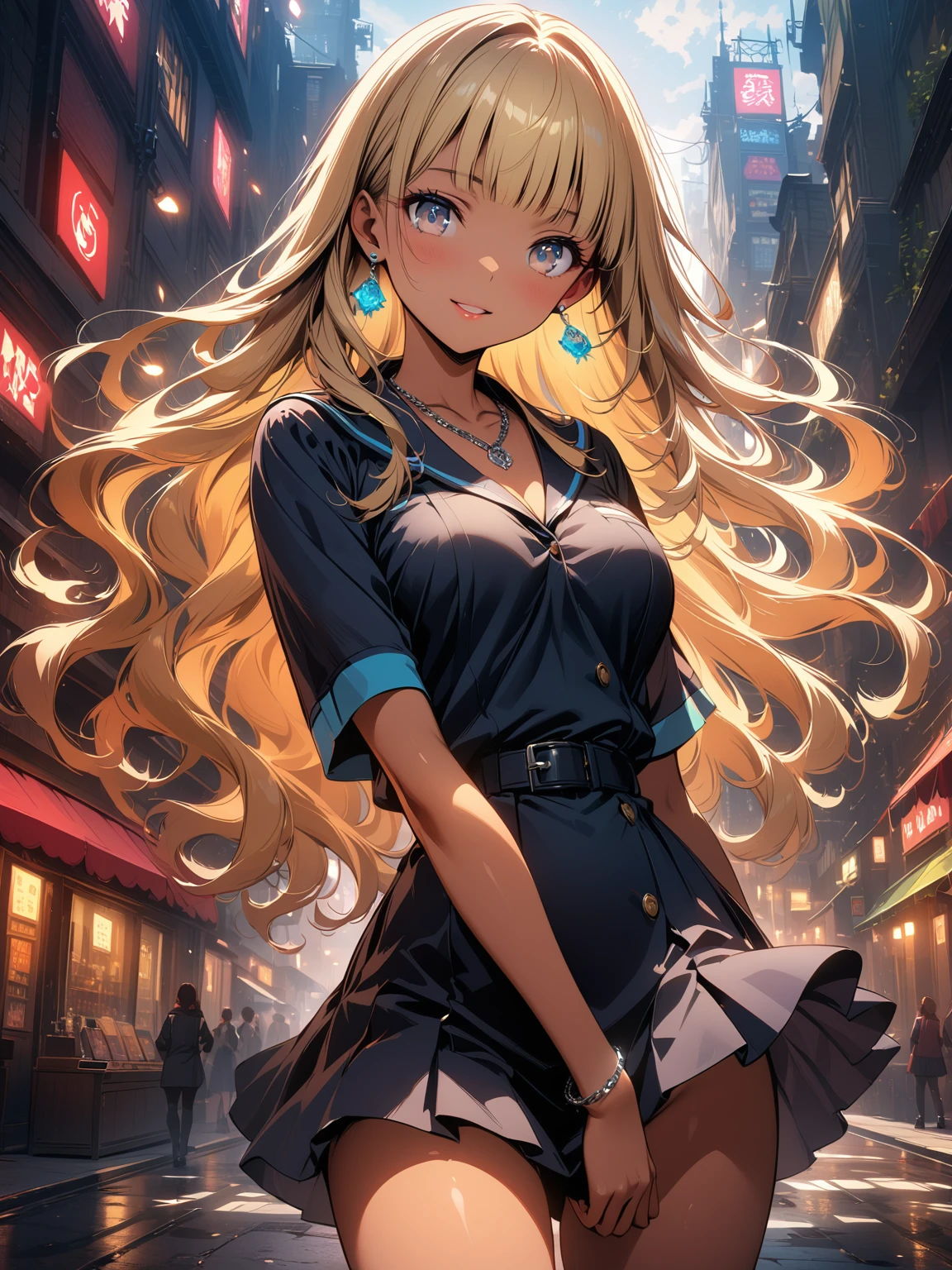 Woman in sexy Japanese schoolgirl uniform,
20 years old, Japanese gal apparel shop staff, standard height, BREAK ((tanned skin:1.3)), blonde hair, long hair, blunt bangs, wavy hair, BREAK (grey eyes:1.3), captivating thighs, medium breasts, lots of pierced earrings, silver chain necklace, silver bracelet,
Leopard print underwear is visible,

Medium breasts, schoolgirl uniform, captivating the viewer, smiling face, detailed face, long eyelashes, beautiful eyes, moist lips, sexy makeup, shiny skin, (best quality, 4K, 8k, high resolution, masterpiece), highly detailed, (beautiful CG illustration:1.2, cute anime style, dramatic atmosphere, high contrast, cool colors, chiaroscuro), modern city, studio lighting, dramatic contrast, warm tones, rich texture