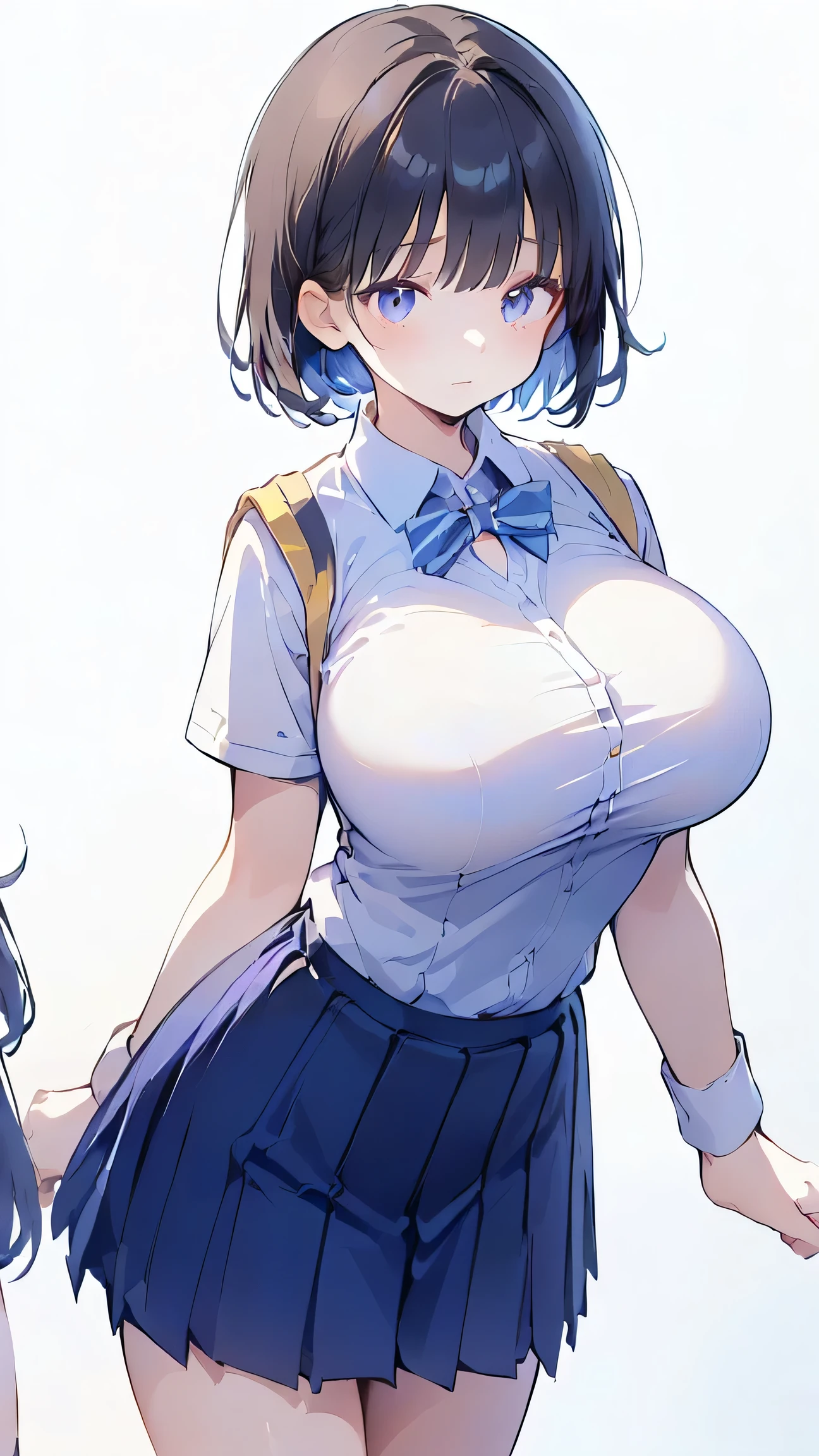 Ultra-high resolution, 8k,high quality,(((Extra low length,Skinny body)),cowboy shot , ((no hat:1.3))),Slender,Cute hairstyle,,(iridescent light,soft shadow,Anime Painting,thin line drawing),(((((super enormous cartoon-like breasts,(big breasts),(((Student Uniform,Primary school students))),Simple Background,Young)))))Girl、