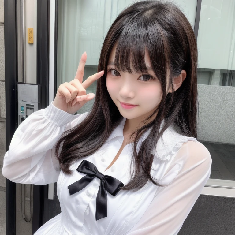 Adorable, japanaese girl,  ( White collared shirt:1.3), Sleeveless,  Standing 、Big breasts,Button is detached、 (Breast:1.0), 上半身_Body, Office,  hair scrunchie,  , (High color saturation:1.0),  (highlydetailed skin), (Best Quality:1.0), (超A high resolution:1.0) ,(photographrealistic:1.0), (ultra-detailliert:1.0), (8K, Raw photo:1.1),(See-through:1.3), (Smile, Looking at Viewer:1),(nffsw:1.0)、Well-formed hands、Clean hands、a baby face、nogizaka、Beautiful black eyes:1.３、17-year-old schoolgirl