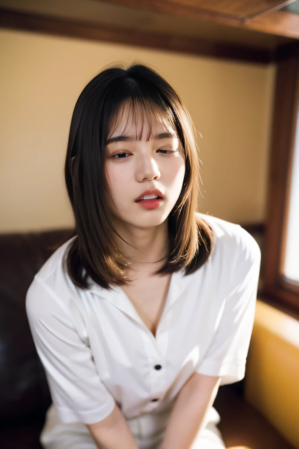 In a hotel room, 2, Sitting on a hotel bed, ((Cowgirl、[Insert、Deep joy、Severe pain、Drunk Eyes:1.2),(Top view:1.5)、fear, despair, ((Close your eyes、Open your mouth:1.2))、Ecstatic face、Climax expression、look up、Looking at the ceiling、Endure:1.5))、The whole body is displayed, uniform、White blouse ( Adorable, sweet, Cute face) Huge cleavage、Thighs、Glowing Skin Cleave、Cinematic lighting、Sharp focus、Bokeh effect highlights、Film Post Processing、Complex human hands and fingers