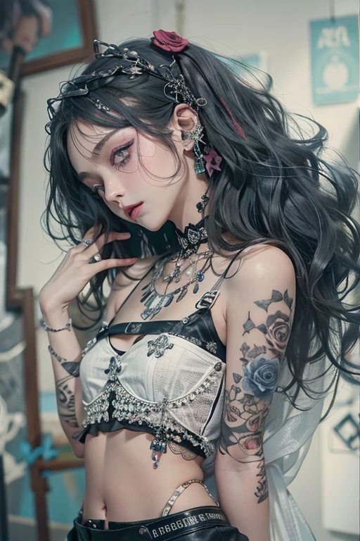 Highest quality、8k、masterpiece:1.3、Gothic Punk、The inner color is red、Gray Black Hair、hair ornaments、beautiful girl、creative、Punk Shirt、Neogoth、Goth Fashion:1.2、High resolution、masterpiece、Highest quality、頭w:1.3、((Hasselblad Photos))、Fine skin、Sharp focus、(Cinema Lighting)、Explore Tokyo'The night city beyond the neon lights, Forehead open, 、Petting'Hair back、Shoulder Bare、Small red rose tattoo on the décolletage、Just one tattoo