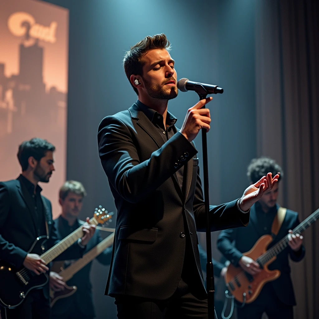 A handsome man in a suit sings into a microphone while a band plays., Performance, Liam, Transparent background, Best Artist, New York, Taken in the early 2020s, February), Mark, Artem, May 1, 2010, end of an era, He is in trouble., Singers on The Voice, An acclaimed masterpiece, ✨🕌🌙