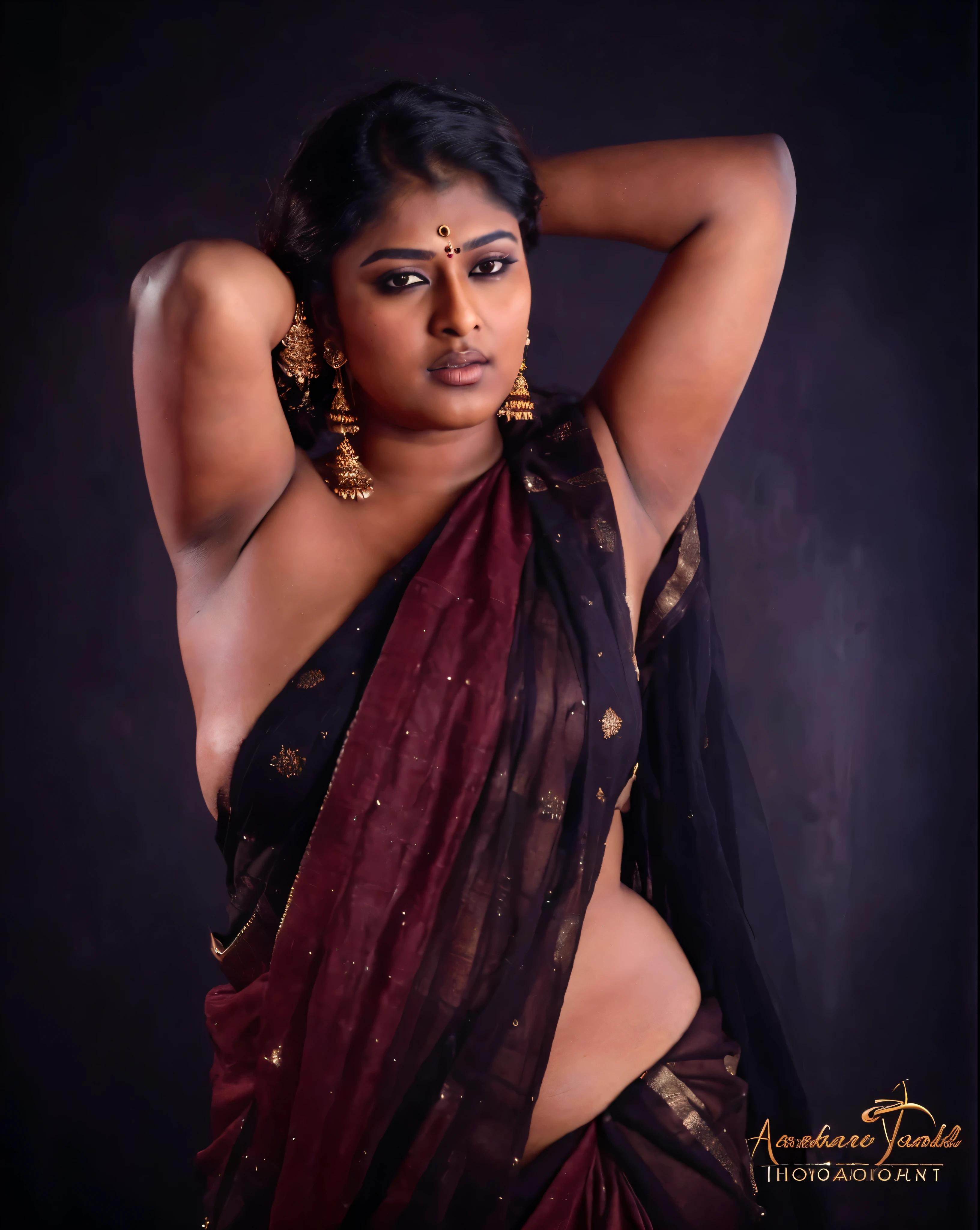 Create an image of a stunningly beautiful curvy Indian tribal woman, adorned in a vibrant and intricately designed saree, gracefully draped around her body without any blouse or bra. Her dark, luscious hair cascades down her back, framing her face perfectly. Her eyes, filled with warmth and wisdom, gaze into the distance, while her full lips curve into a gentle smile. Her curves are accentuated by the flowing fabric of the saree, which hugs her body in all the right places. She stands tall and proud, embodying the essence of femininity and sensuality, as she connects with the earth beneath her feet. The image captures the essence of the tribal woman to nature and her culture, while also highlighting her inner beauty and strength.