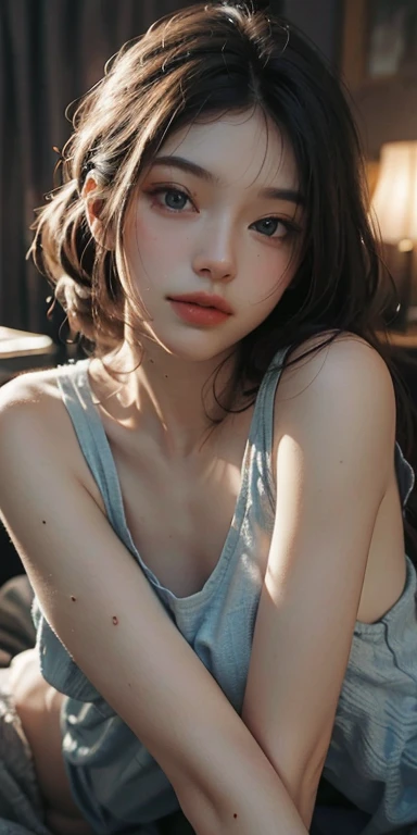best quality, masterpiece, ultra high res, RAW, 8k, ultra-realistic, young girl, offshoulder, confused expression, very warm light, flawless skin, (black hair:1.4), (((bad hair:1.4))), (Bangs:1.2), ((in bed)), extremely beautiful eyes, (dark eyes:1.4), just woke up, wrapped in blanket, colorful bed
