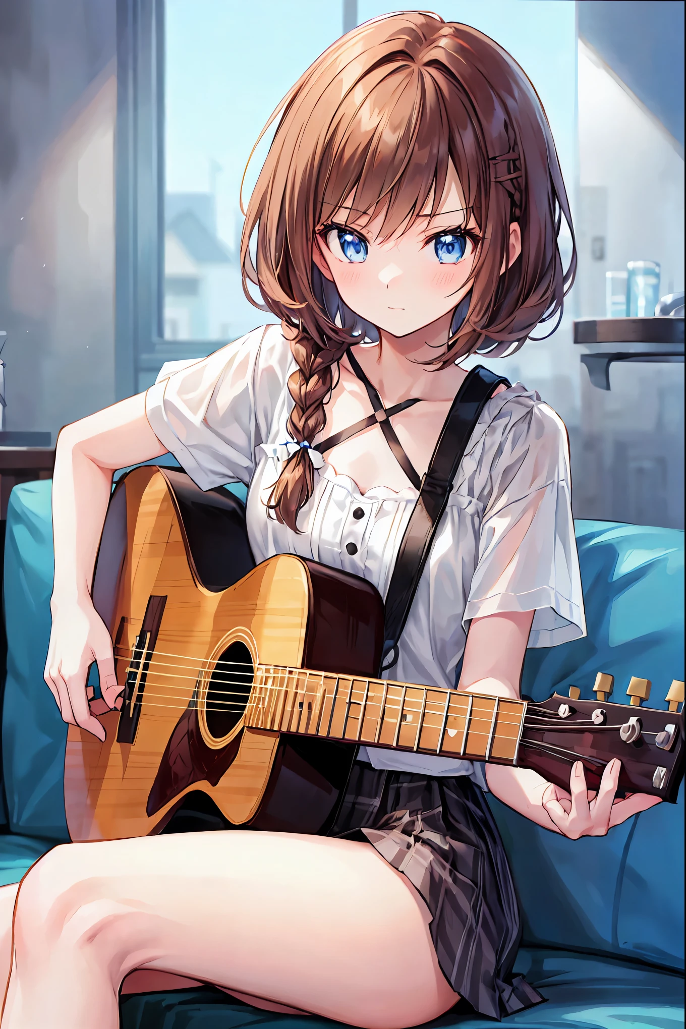 Brown Hair,Shortcuts,Messy Hair,Short braided hair,Neat,Slender beauty,A dignified posture,Small chest,Beautiful feet,Her captivating grey-blue eyes shine like stars,Vibrant colors,Beautiful Eyes,A delicate smile,Textured Skin,The best quality at its best,A kind and beautiful woman,Anime Style、A woman is sitting and playing the guitar、毛深いBrown Hairの、precision 6 string Acoustic guitar:1.2、Anatomically correct fingers、Acoustic guitar、Only one guitar、Look straight ahead and sing、(Look forward:1.2)、