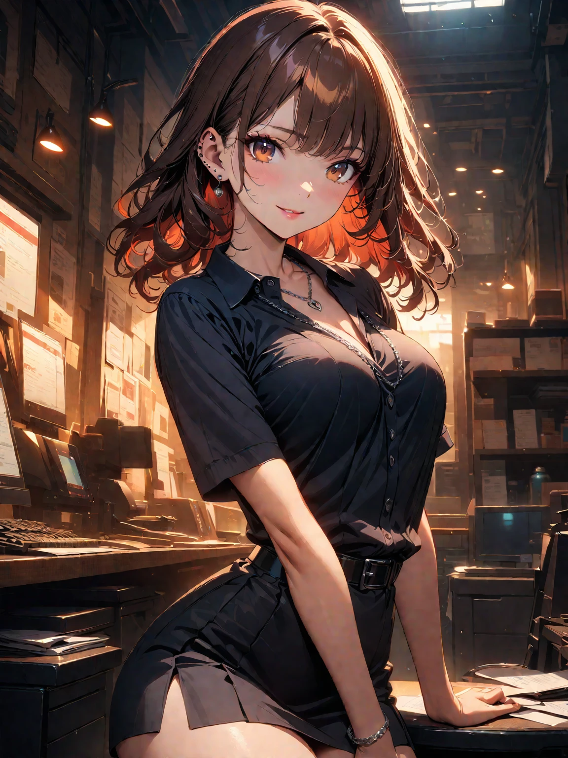 (solo), (1 skinny girl), Agnes Tachyon, uma-musume, brown short hair, brown tail, BREAK, (skinny), short torso, (very skinny legs:1.3), (large breasts), skinny small hip, skinny thighs, BREAK, (unbuttoned black collared shirts:1.2), cleavage, tight-fit pencil skirt, BREAK, forced smile, orgasm, (nsfw:0.6), pussy juice