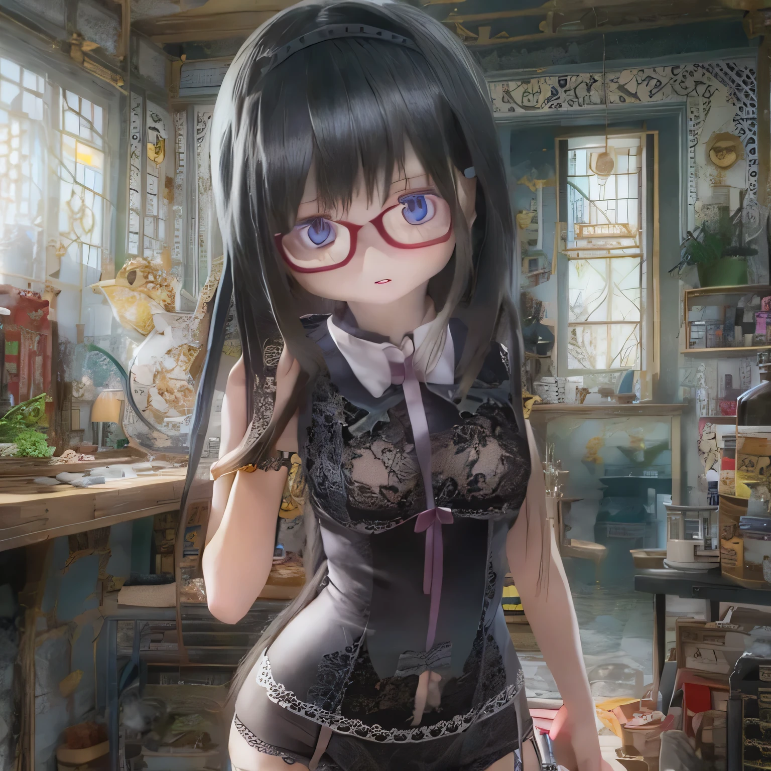 (Realistic:1.37), Vibrant colors, Very detailed, Physically Based Rendering, Tabletop, Expressive eyes, Perfect Face, Closed lips, barefoot, Akemi Homura is standing, Black Hair,  Black-rimmed glasses, Sexy Lingerie, Seductive posture, Ample breasts.Garter belt