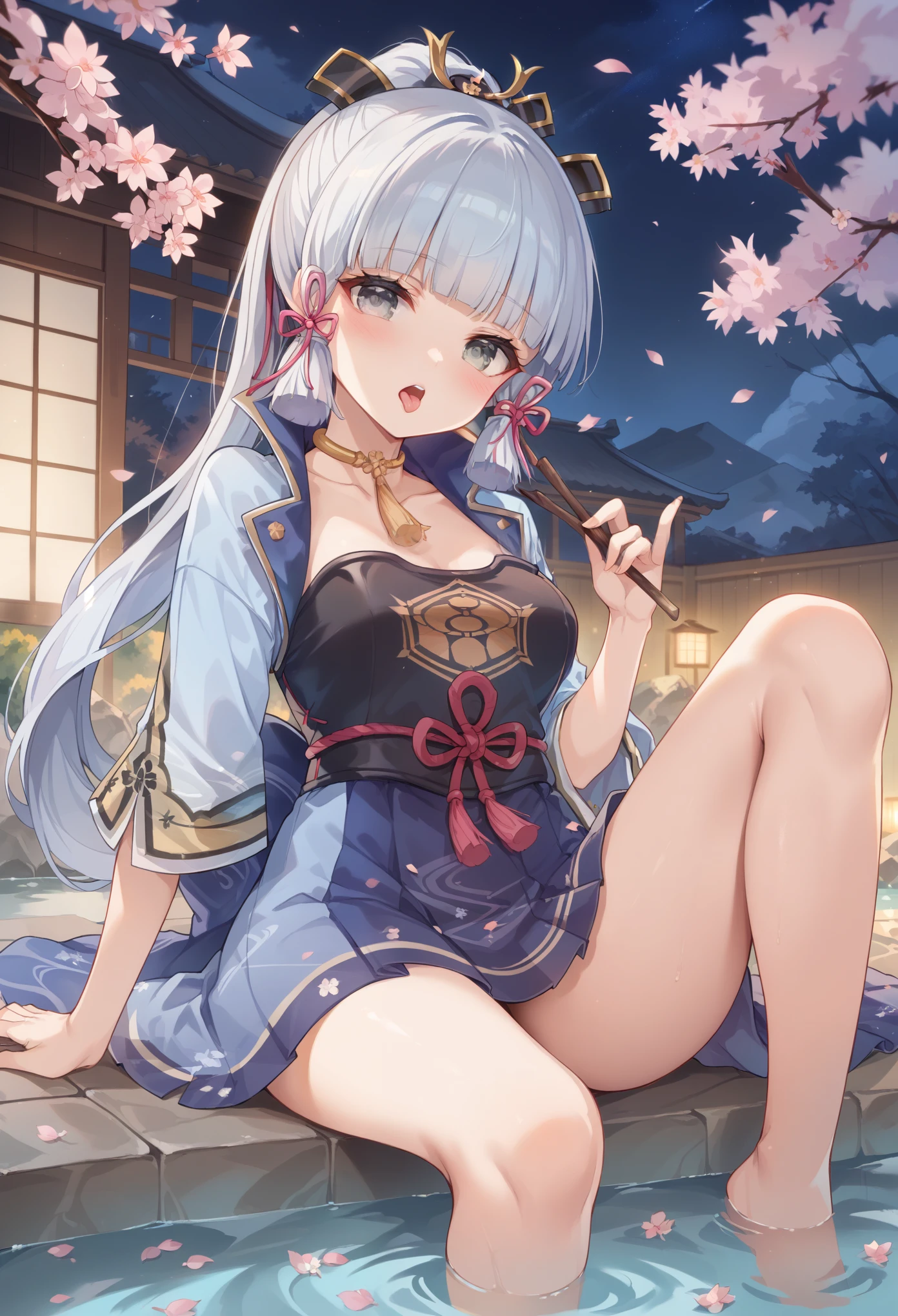 masterpiece，high resolution，Anime Art，Anime Numbers， 4k anime wallpaper，Soft lighting，Original God Kamisato Ayaka，White gauze dress，Open mouth and stick out tongue，finger，Sitting，Leg lift，Hot spring pool，blush，Horns on the head，Silver hair，Silver Eyes，Night Sky，Cherry blossoms