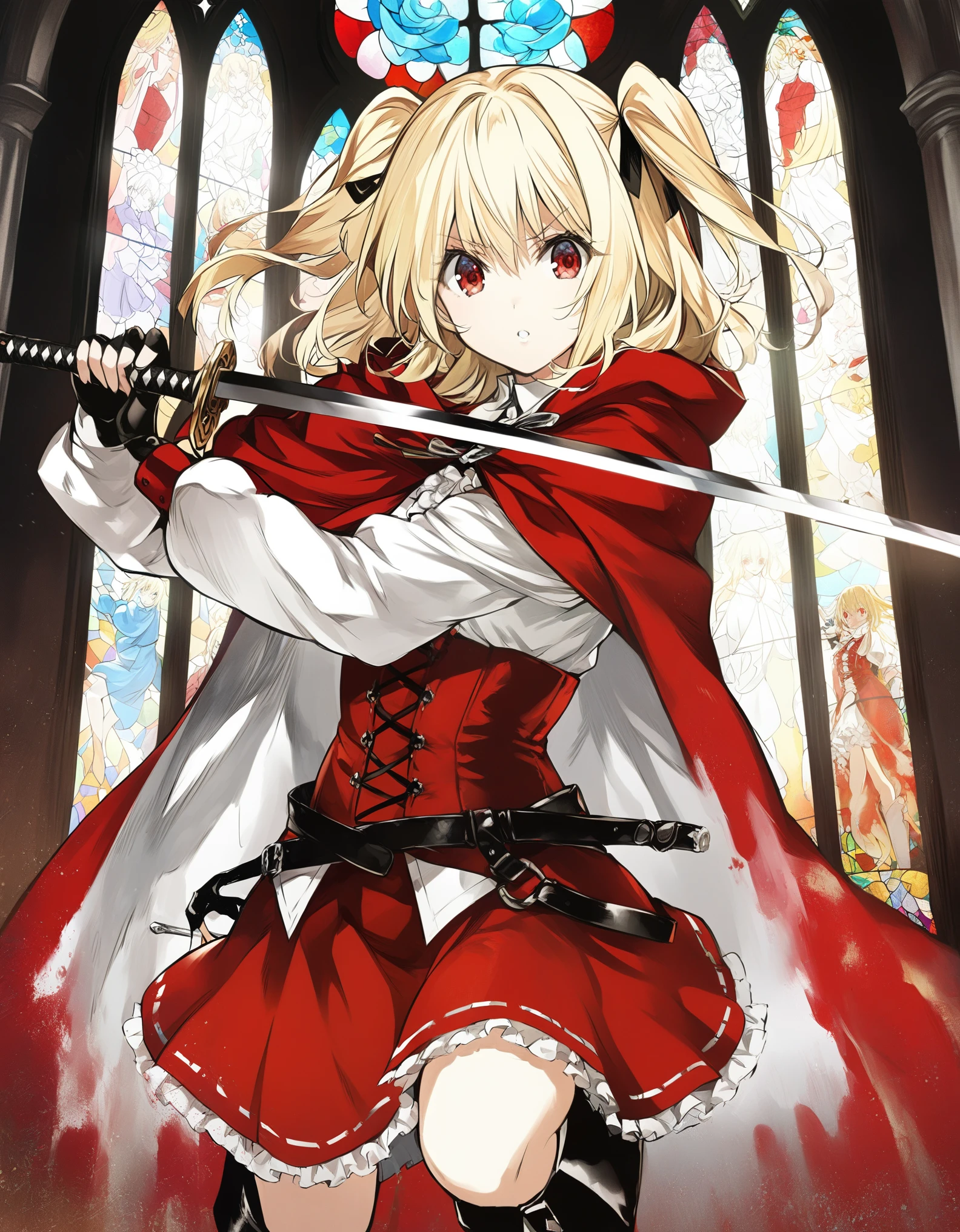 1girl, solo, cowboy shot, white shirts, red long cape cloak, red corset, frills red skirt, black fingerless gloves, knee boots, blonde, two side up, red eye, (holding a sword),
Anime Girls, dutch angle, acrobatic pose, Gloomy painting style, church, stained glass
Score_9,Score_8,score_7_up,source_anime, rating_questionable,