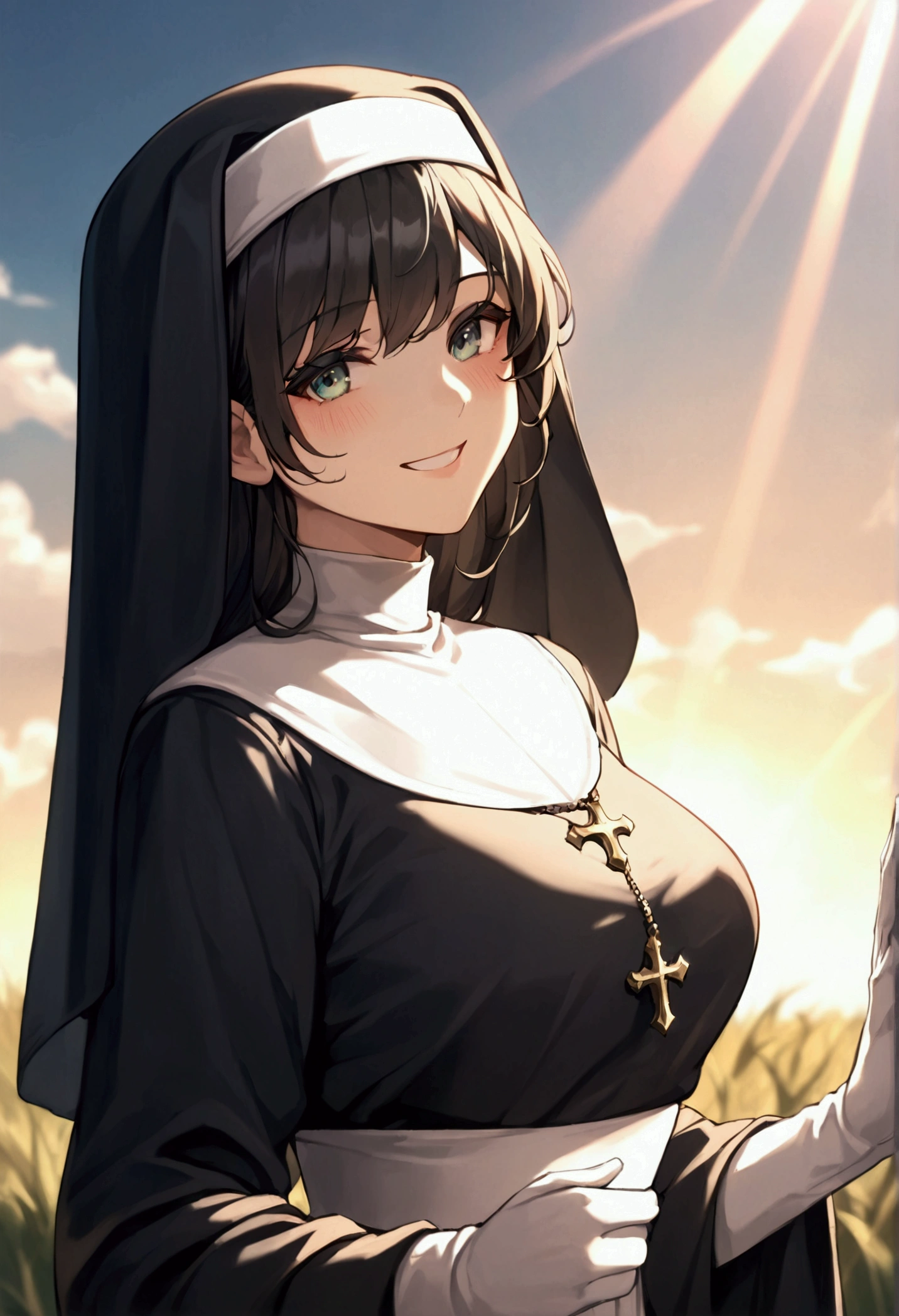 score_9, score_8_up, score_7_up, score_6_up, very aesthetic, daylight, cinematic light, backlighting, light rays, blur background, 1girl, solo, mature woman, beautiful girl, nun (black nun's outfit), white gloves, smile, grin, long hair, Straight hair, bangs, black hair, closed eyes, Pretty Face, wholesome, Blushing look, calm, happy face, medium breast, curve body, looking at viewer, (background : Natural Field Grass with Blue Sky and beautiful clouds), Shooting up close, Shooting from the side, foreshortening,