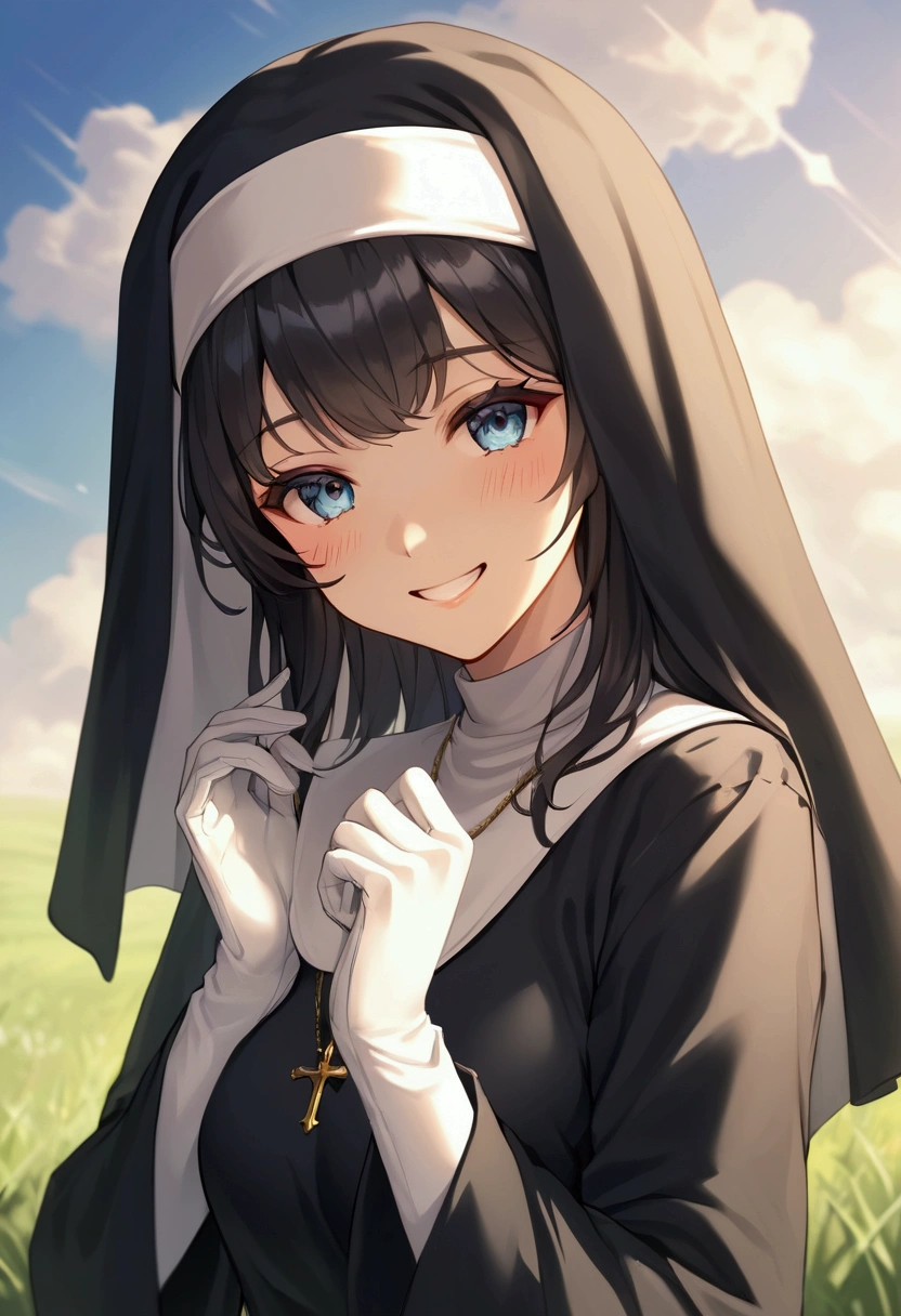 score_9, score_8_up, score_7_up, score_6_up, very aesthetic, daylight, cinematic light, backlighting, light rays, blur background, 1girl, solo, mature woman, beautiful girl, nun (black nun's outfit), white gloves, smile, grin, long hair, Straight hair, bangs, black hair, closed eyes, Pretty Face, wholesome, Blushing look, calm, happy face, medium breast, curve body, looking at viewer, (background : Natural Field Grass with Blue Sky and beautiful clouds), Shooting up close, Shooting from the side, foreshortening,