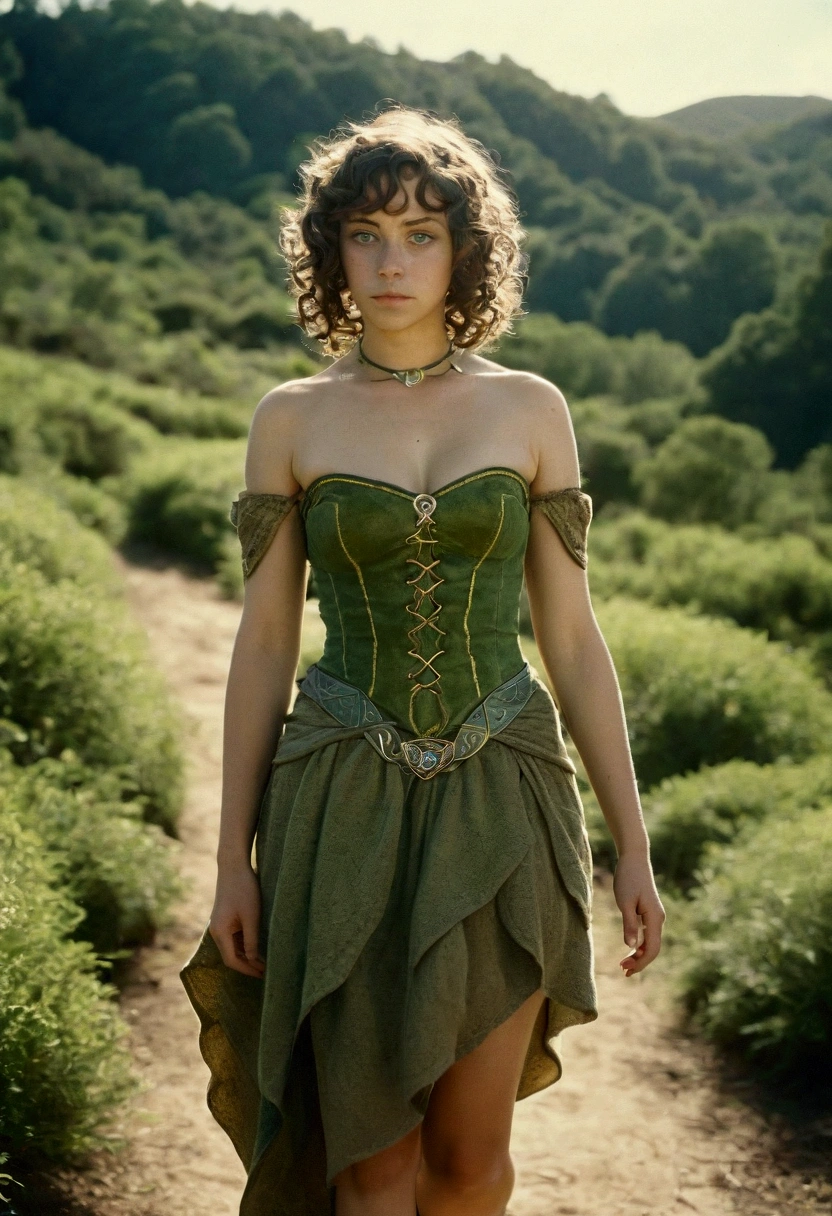 analog film photo, photo of a young elven girl, 18 years old, elf ears, amber eyes, curly brunette bob cut, tan complexion, Amazonian stature, voluptuous hourglass figure, busty bosom, narrow waist, full hips, big plump buttocks, wearing a strapless sun dress, strolling through a fantasy landscape, RAW Photograph, dslr, soft lighting, high quality, film grain, Fujifilm XT3, detailed skin with visible pores, insane details, masterpiece, 8k, 35mm photograph, dslr, kodachrome, faded film, desaturated, grainy, vintage, Lomography, stained, highly detailed, found footage, close-up shot, elven ears
