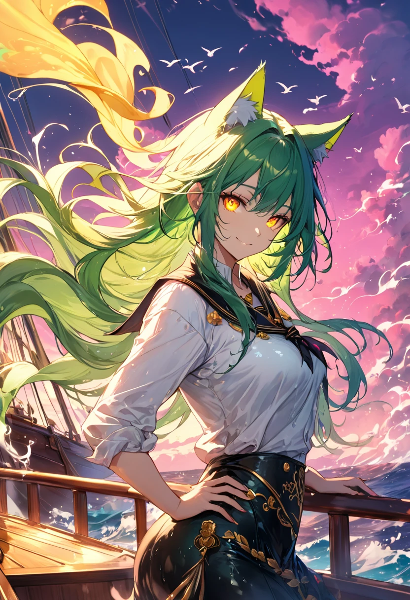 1girl,long green hair,cat ears,Fantasy, white shirt with gold intricate pattern, yellow glowing eyes, ((On the deck of a sailing ship at sea)), flowing liquid, magenta sky with colorfull various cloud shape , bird, smile, blowing hair,wind,wet,hand on hips,(masterpiece),best quality,(smoke granade),Splashmotion