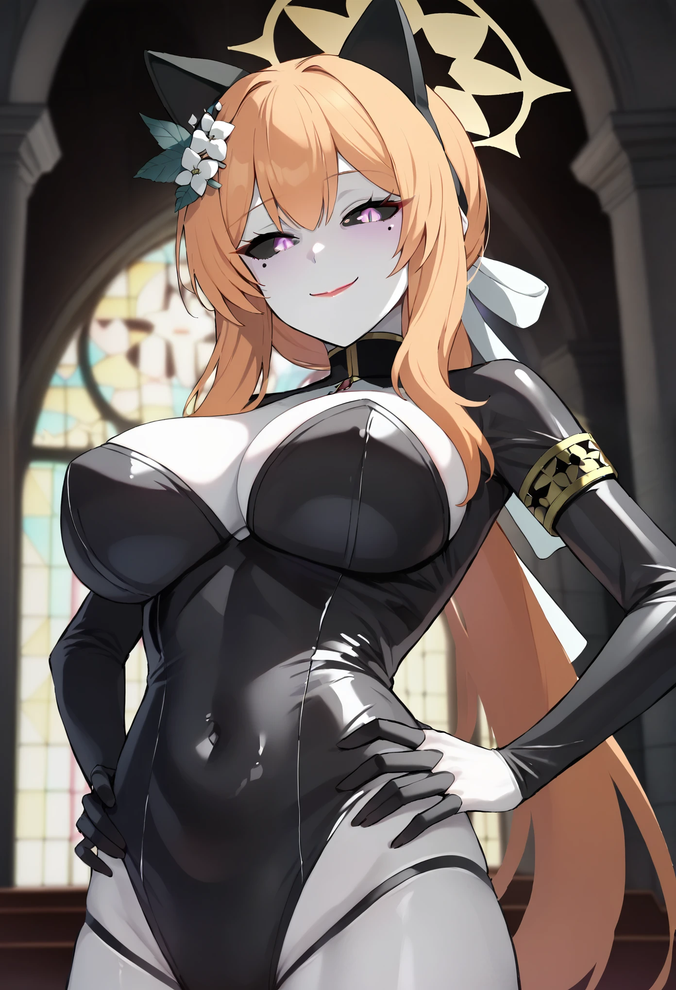 score_9, score_8_up, score_7_up, 1girl, milf, corruption, (colored skin, white skin:1.8), mari \(blue archive\), (large breasts:1.9), ((orange hair, very long hair, bangs, long sidelocks, black sclera, purple eyes, half-closed eyes, cat ears, halo)), red lips, ((black latex bodysuit, mechanical bodysuit)), ((evil smile, closed mouth)), ((hands on own hips, ruined church))