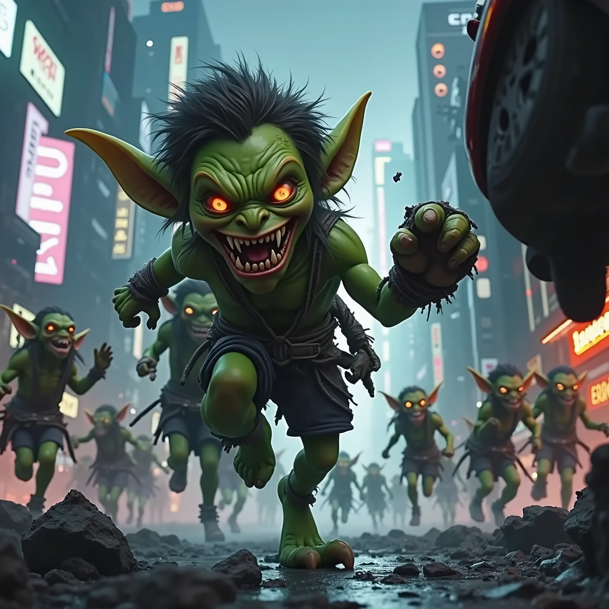 many goblins (goblin, green skin, pointy ears, sharp teeth, dressed in rags), invading a cyber punk city, smashing cars, attacking everything, breaking windows, running everywhere
