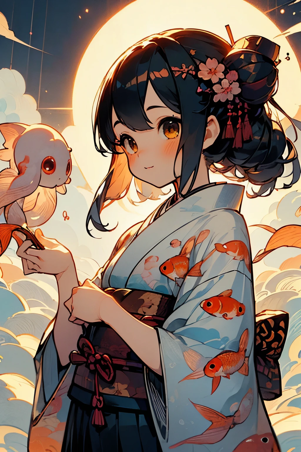 (Ultra-detailed face, looking away, Fantasy Illustration with Gothic, Ukiyo-e Painting, Comic Art, pastel tone colors), BREAK (This is a rural town in Japan. A festival is held on a summer night in the precincts of a shrine. There are night stalls selling grilled squid, octopus, shaved ice, and goldfish scooping. The Milky Way appears to shine in the night sky.), BREAK (Young girl sisters are dressed in matching goldfish-patterned Japanese yukata, holding a small clear plastic bag filled with goldfish and water in one hand. In one hand they hold a fan with a goldfish design on it, and in the other they wear black wooden geta with a red snare, laughing and talking happily.)