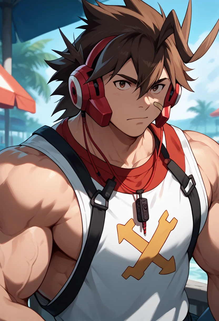 Highest quality,Anatomical,Huge muscles,TodorokiKakeruPerson,brown hair,brown eyes,spiked hair,headphones,hair between eyes,ahoge,bandaid on face,bandaid,