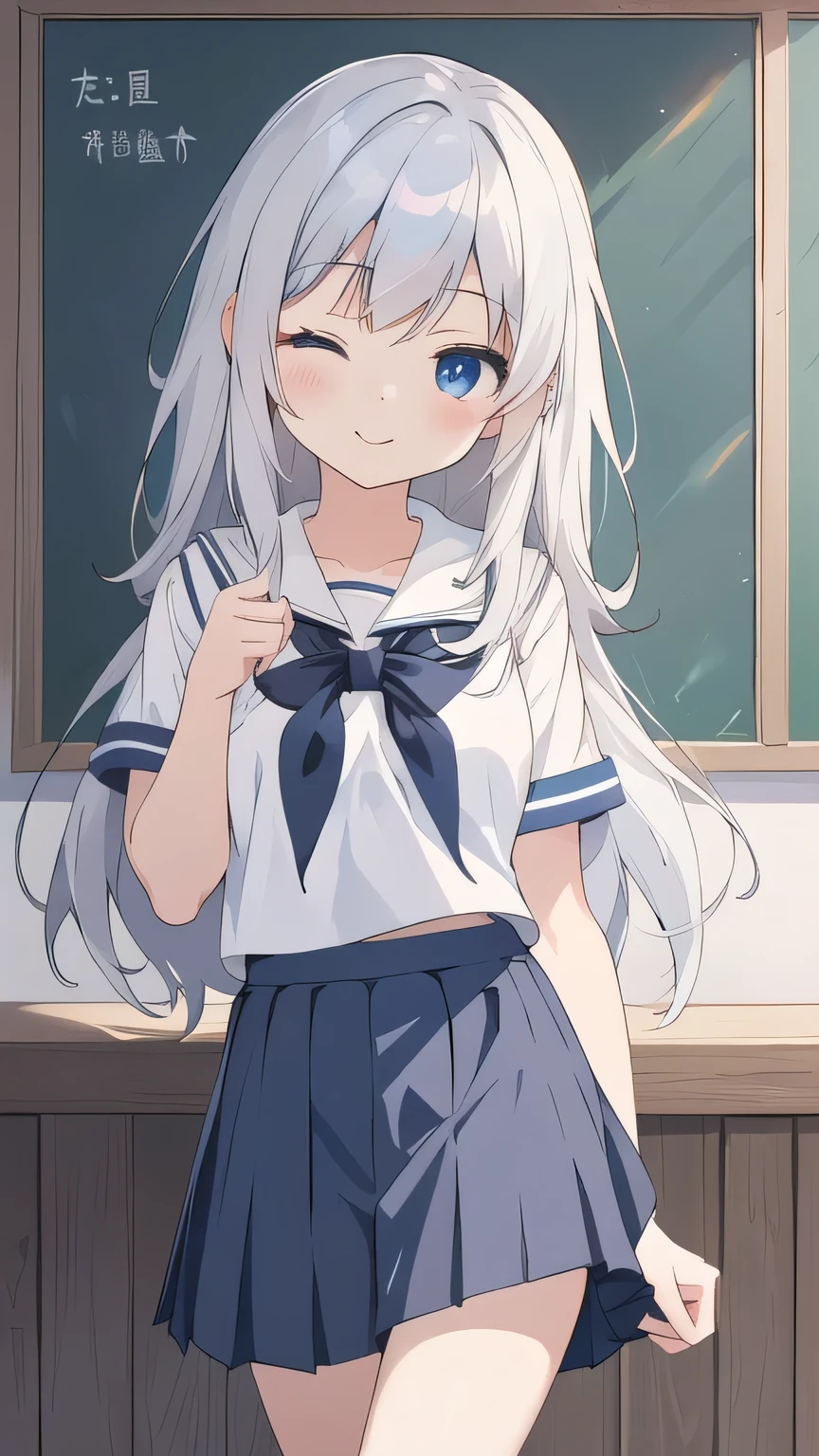 cute girl, アニメ, silver hair, straight hair, Blue eyes, (young:0.9), (small bust:0.5), (cute:1.3), (middle bust:0.8), (cute girl:1.2), cowboy shot, cute, side shot, (Smail:1.3), backwards, (white school uniform:1.6), (dark blue skirt:1.5), (ローアングル:1.4), close eyes, (cross legs:1.2), standing