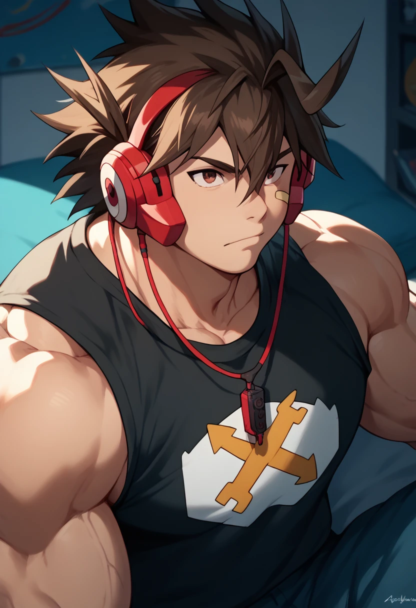 Highest quality,Anatomical,Huge muscles,TodorokiKakeruPerson,brown hair,brown eyes,spiked hair,headphones,hair between eyes,ahoge,bandaid on face,bandaid,whole body