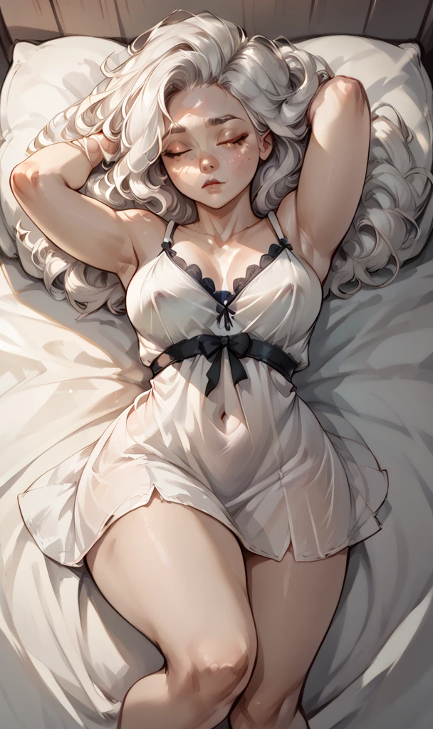 human female, long fluffy hair, black and white hair, human, medium breasts, attractive, (white nightgown), shapely body, large thighs, large, freckles, freckles on face, eyes half open, (sleepy expression), she is lying on the bed, stretching.