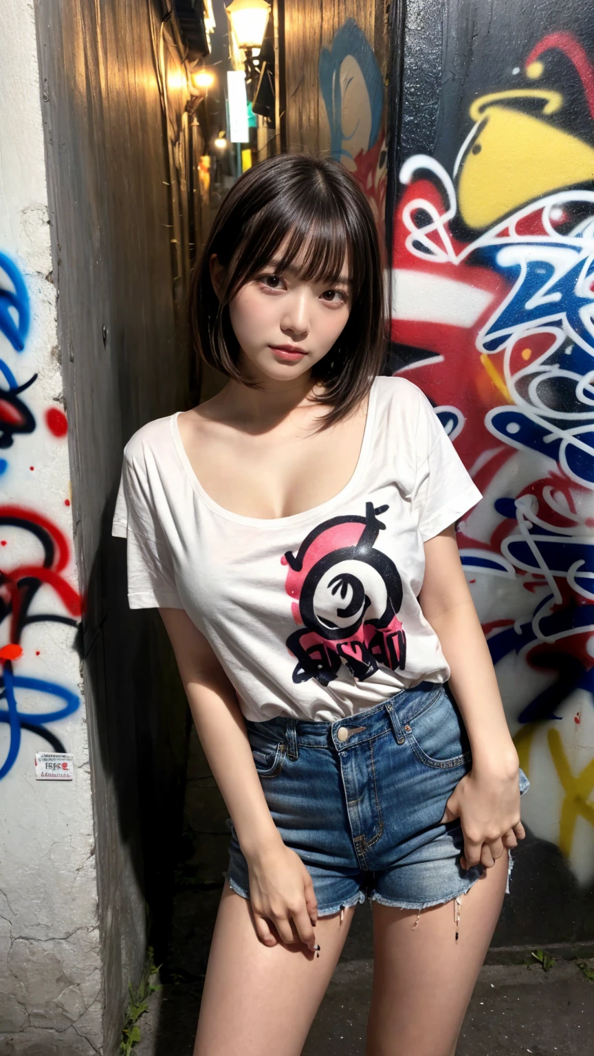 masterpiece, best quality, illustration, Super detailed, fine details, High resolution, 8K,wall paper, perfect dynamic composition,(Details High quality, realistic depiction of eyes:1.3),  (Japanese teenage girl standing in a dirty back alley at night, graffitied wall:1.1), (wearing a tattered and dirty t-shirt.:1.1), Wearing baggy pants, dirty body, short bob hair, black hair color, Big Natural Color Lip,  seductive face, provocative look, crying a little、Harajuku style、(graffiti), night time, 20 year old girl、cute type、lolita, Gravure Idol, full body photo、focus on crotch, (huge breasts)