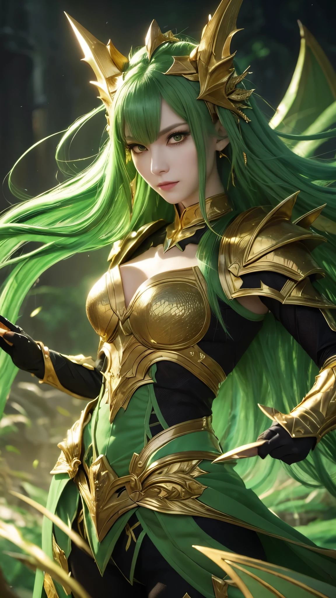 Green long-haired Valkyrie armor, chest, cleavage, waist, iron boots, thunder spear