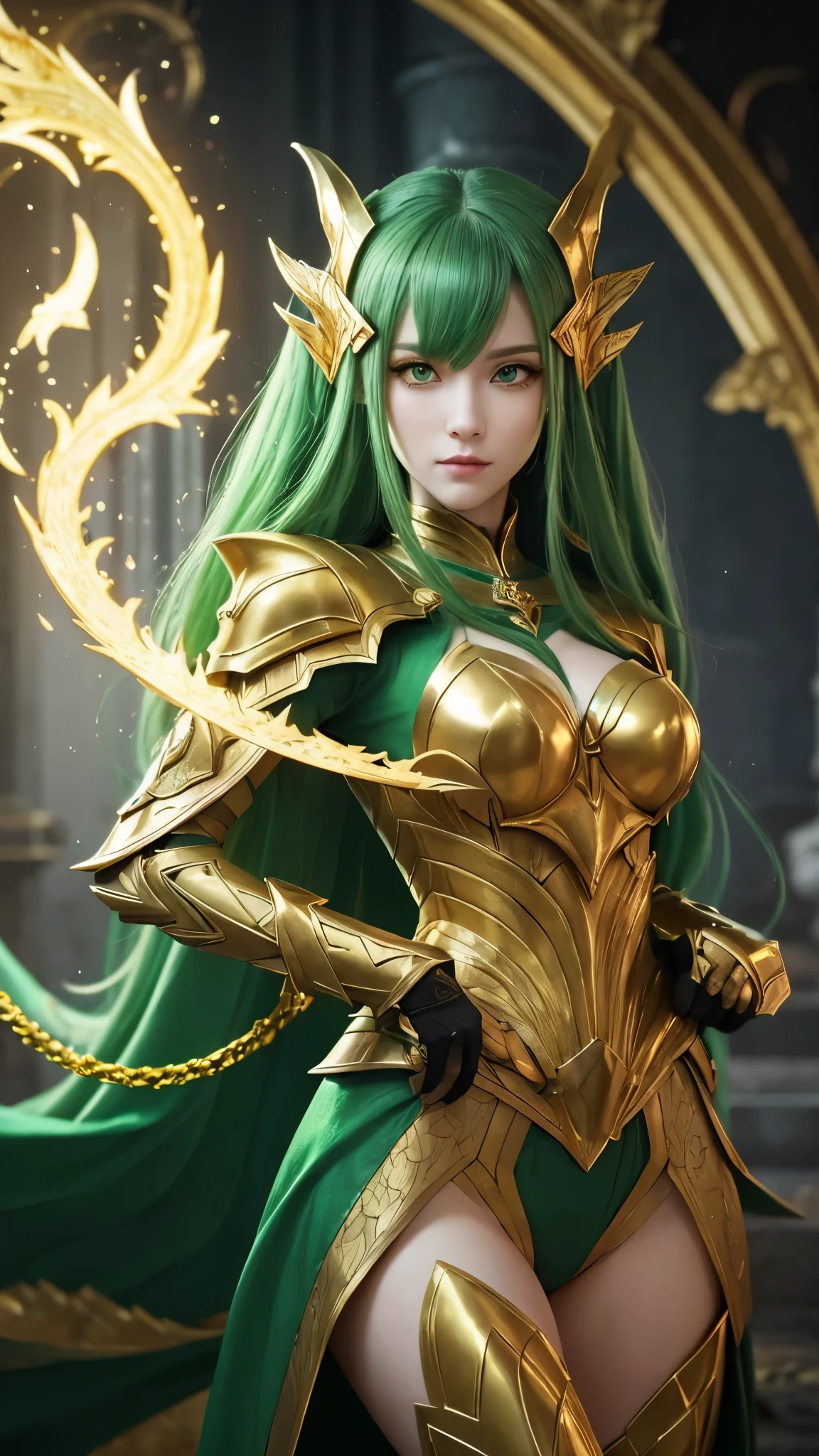goblin, iridescent green wings, Armor made of iridescent green crystals, Green hair and eyes, Full body figure、sexy、Body Conscious、shine with power, masterpiece, Top quality paichun
