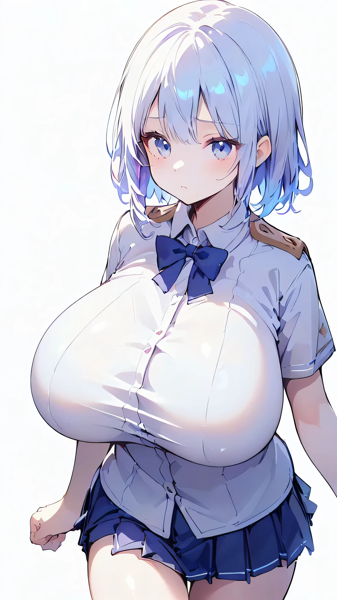 Ultra-high resolution, 8k,high quality,(((Extra low length,Skinny body)),cowboy shot , ((no hat:1.3))),Slender,Cute hairstyle,,(iridescent light,soft shadow,Anime Painting,thin line drawing),(((((super enormous cartoon-like breasts,(big breasts),(((Student Uniform,Young))),Simple Background,Young)))))Girl、