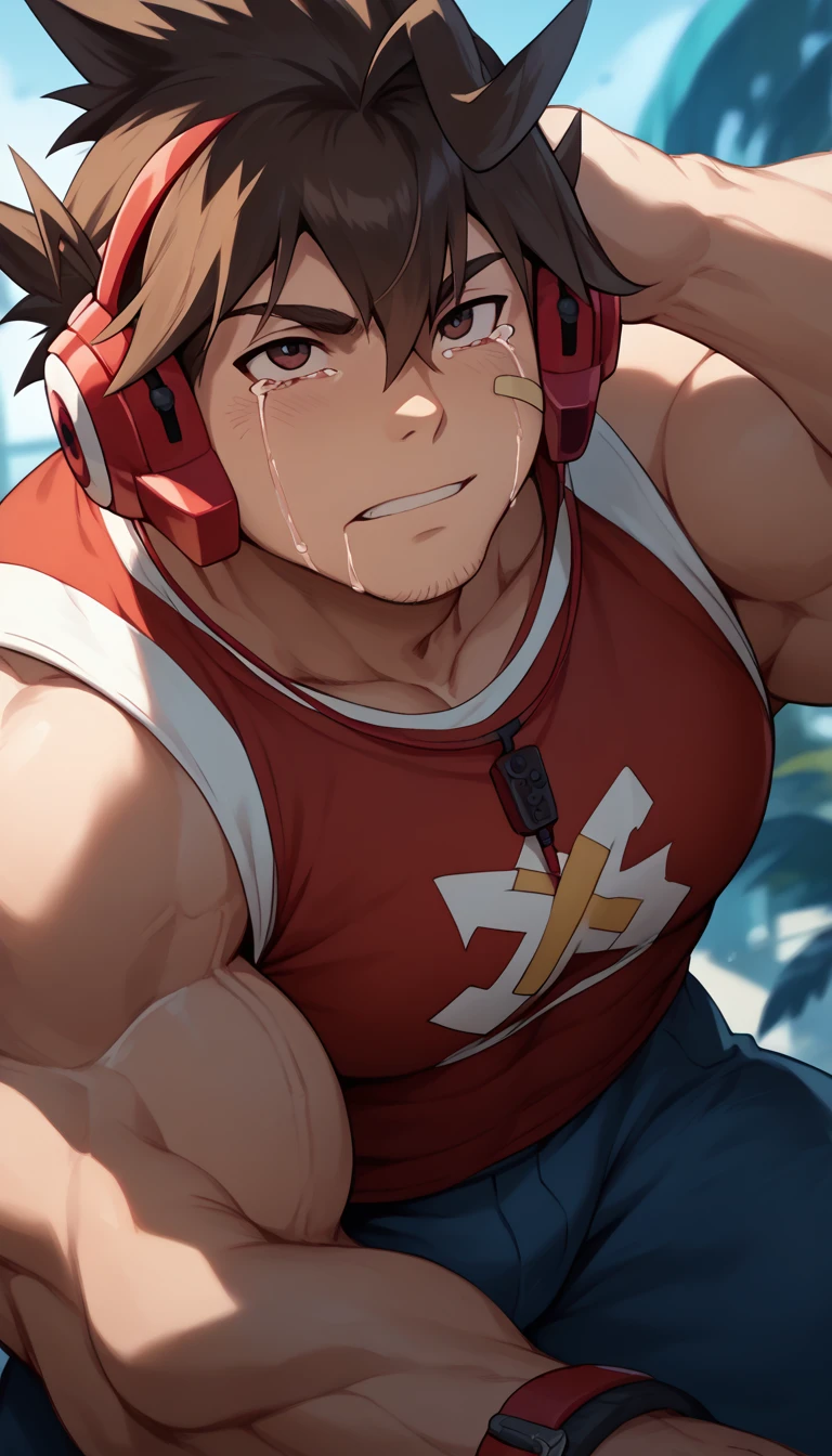 Highest quality,Anatomical,Huge muscles,TodorokiKakeruPerson,brown hair,brown eyes,spiked hair,headphones,hair between eyes,ahoge,bandaid on face,bandaid,whole body,Huge erect penis,Crying face,