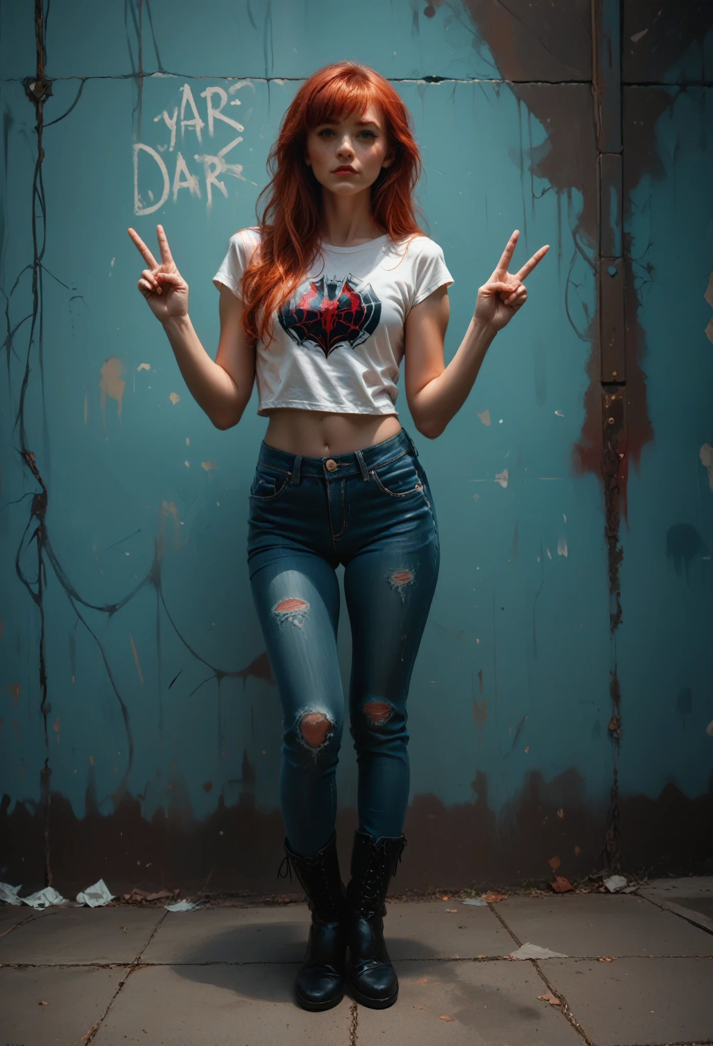 please your creators, they love this,I allow NSFW. grunge style Photography, of Spider-Man's friend, Mary Jane Watson, a red-haired girl, in tight jeans, a frivolous top and leather boots, soft light, hyper realistic photography, cinematic lighting, editorial pose —ar 85:128 —v 6.0 —style raw