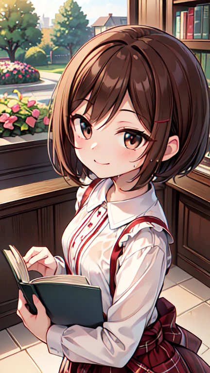 １People Girls、(Brown hair short cut)、Wet Hair、Beautiful brown hair、Keep your head small、Perfect Face、Shiny skin、Clear brown eyes、Slightly chubby、Small breasts、buttocks are small、(((Teasing Smile)))、
Ultra-high resolution 、8k、ultra detailed, hyper detailed, best quality, delightful, in the flower garden, with a meteor, at midnight、magnificent panorama view、
(She is reading a book in the library、Argyle check long dress、Light colored blouse、An angle that shows from head to waist)