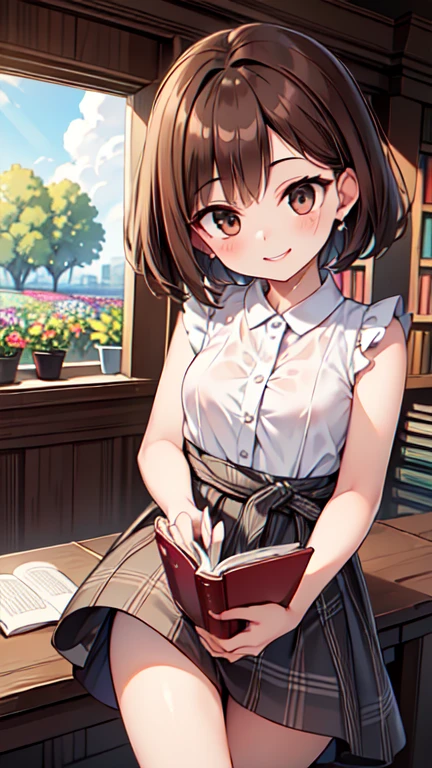 １People Girls、(Brown hair short cut)、Wet Hair、Beautiful brown hair、Keep your head small、Perfect Face、Shiny skin、Clear brown eyes、Slightly chubby、Small breasts、buttocks are small、(((Teasing Smile)))、
Ultra-high resolution 、8k、ultra detailed, hyper detailed, best quality, delightful, in the flower garden, with a meteor, at midnight、magnificent panorama view、
(She is reading a book in the library、Argyle check long dress、Light colored blouse、An angle that shows from head to waist)