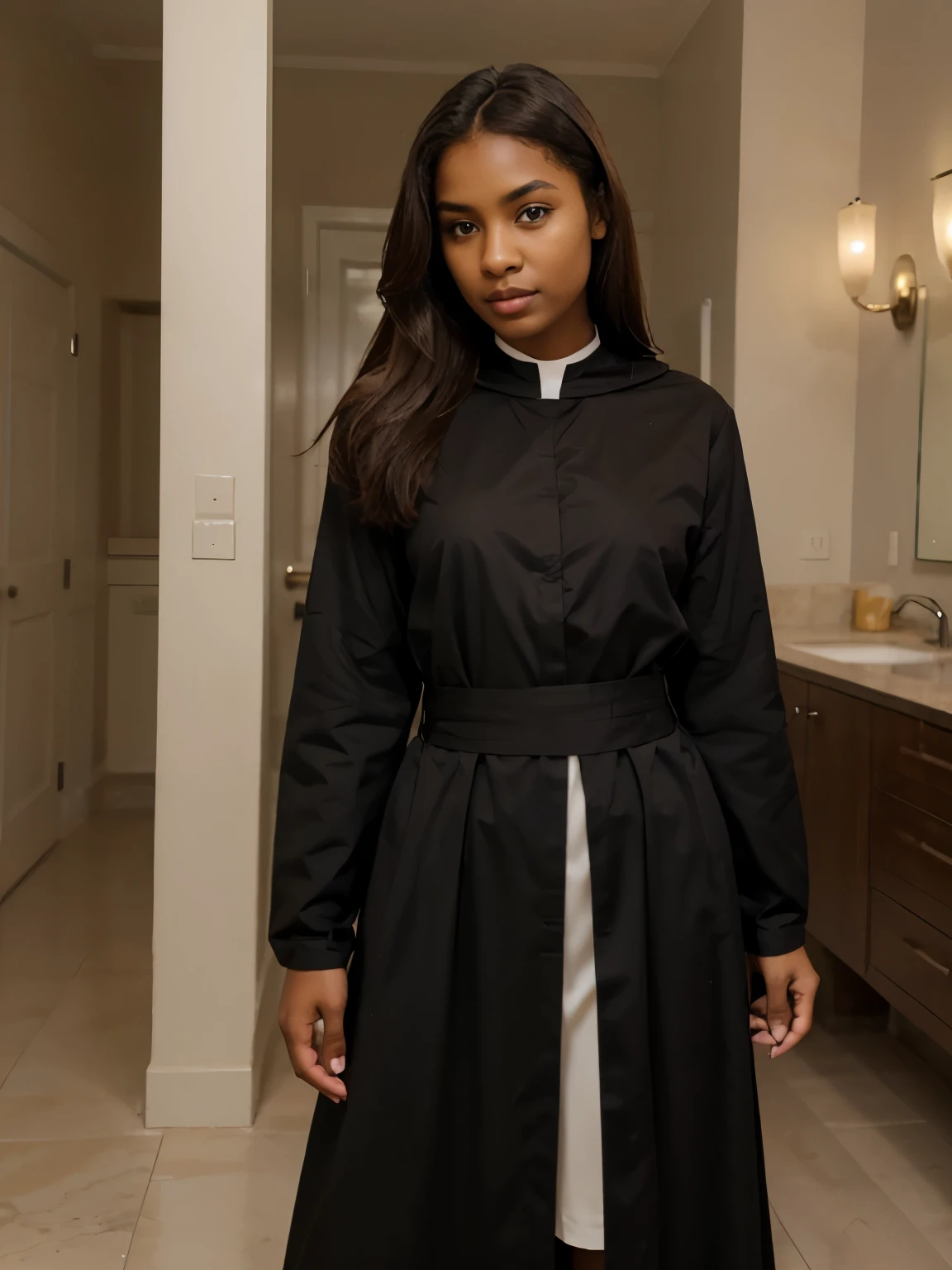 Beautiful girl in Catholic religious nun outfit with long sleeves (cor preta)