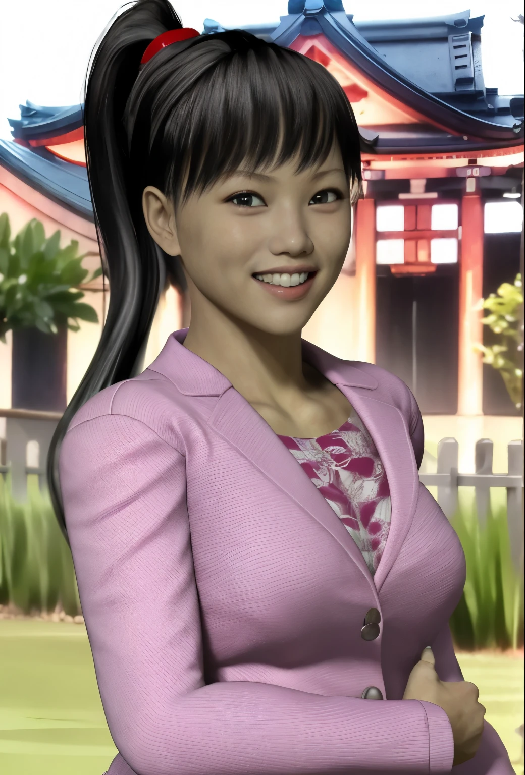 (Best Quality, masterpiece), (Beautiful Japanese Girl), (Freckles:0.6), ponytail, smile, garden, Track and field athlete