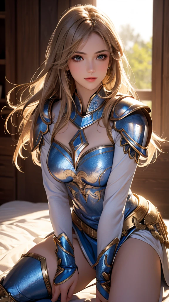 (best quality, ultra-detailed, photorealistic:1.4, absurdres, head to knees ), she is the legendary female knight, Valkyrie armor, magic armor, bright and vibrant colors, studio lighting, playful expression, stylish makeup, Dusk, hair flowing by the wind, alluring eyes, glossy lips, sexy pose, her facial expression has confident, posing for a professional photoshoot, shallow depth of field, highlighting the main subject, soft natural lighting, creating a dreamy and magical atmosphere.ancient 