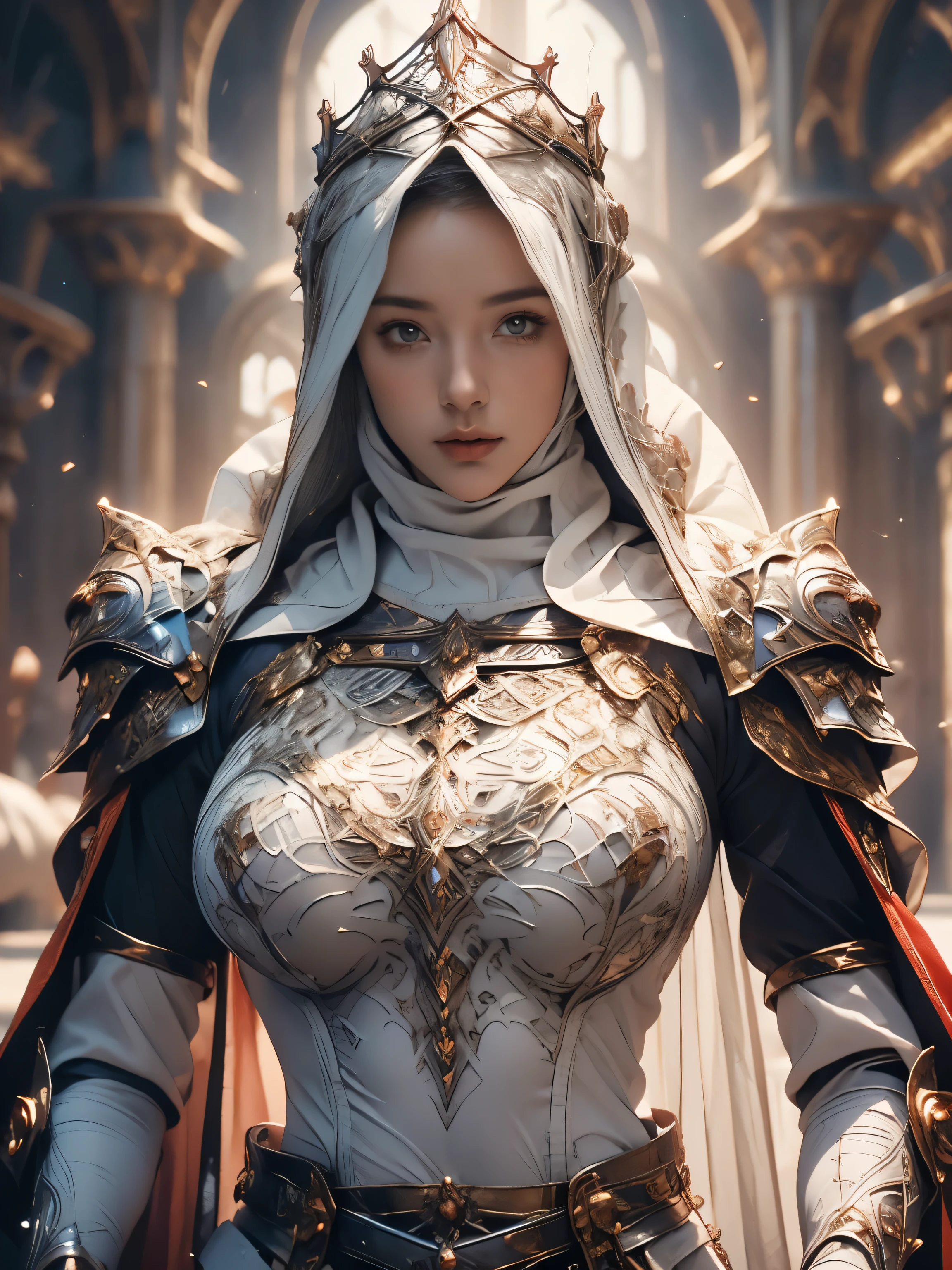 Princess, ((((Wearing the hijab)))), full armor with luxury pattern, Crown Luxury , blue eyes, Blonde, Around , (Red and silver hijab), masterpiece，The best quality at its best，High resolution，8k，((Portraiture))，(Upper Body)，Original photo，Actual photo，Digital photography，(Female Princess in the medieval fantasy style)，(Medieval Princess in fantasy style), virgin Princess ，blue eyes， Super huge breasts, Extravagant decoration of  breasts plate armor，Lips parted，Make your lips look more attractive and glamorous，((Blushing))，Contempt for Virgins，calm and beautyfull ，(Medieval Fantasy Dress，Beautiful armor breasts, Narrow waist, perfect colossal breast of Princess body, oc rendering reflection texture, luxury  breasts armor , Medieval castle background, 